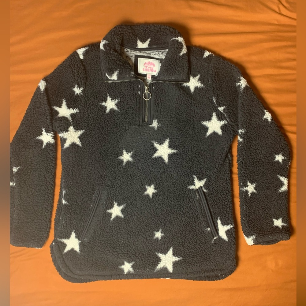 Cozy Sherpa 1/4 Zip Black and White Stars Medium